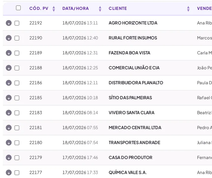 Lista de pedidos de venda com código, data, cliente, vendedor, nota fiscal e valor total.